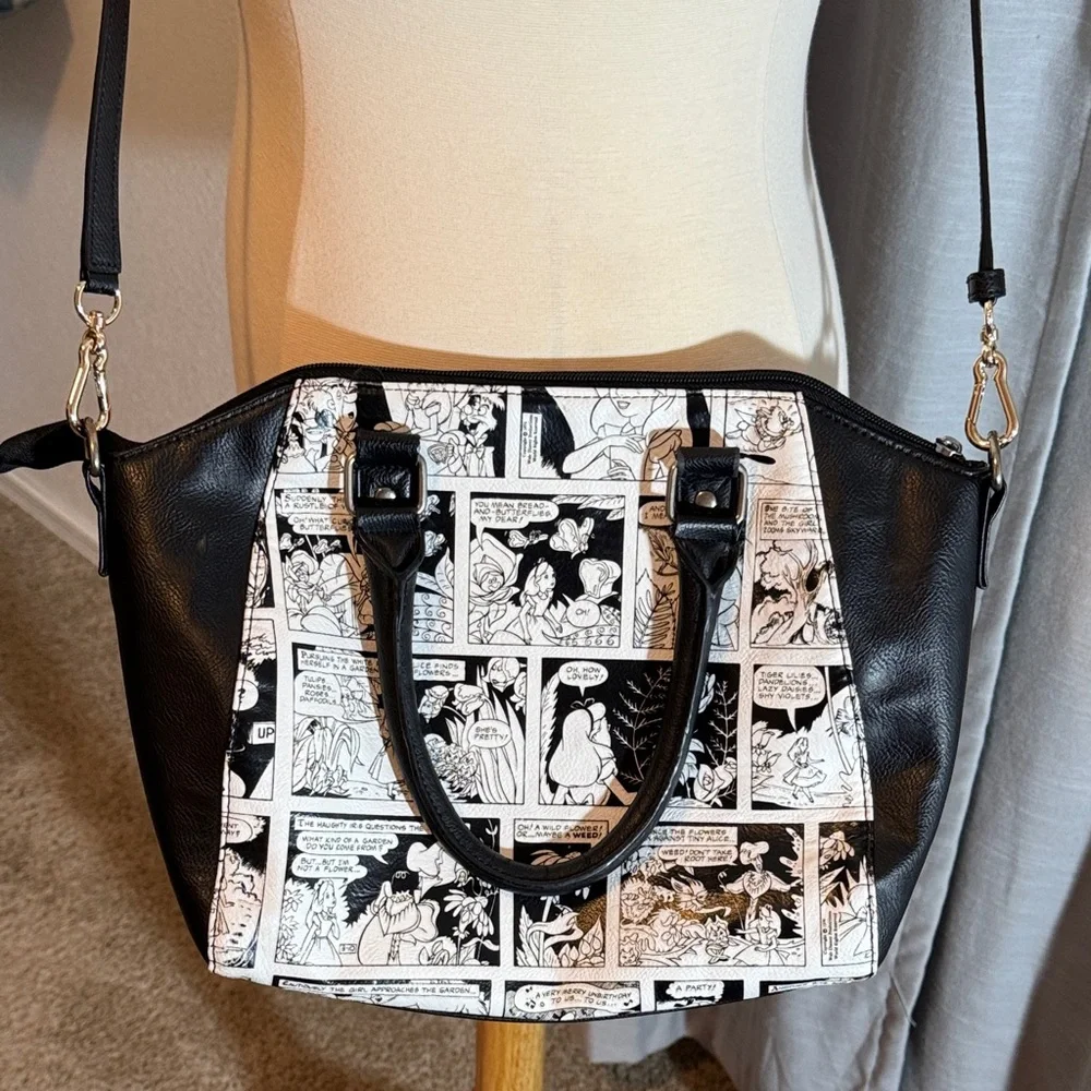 Loungefly Disney Black and White Comic Crossbody Bag, Alice in Wonderland - Picture 3 of 17